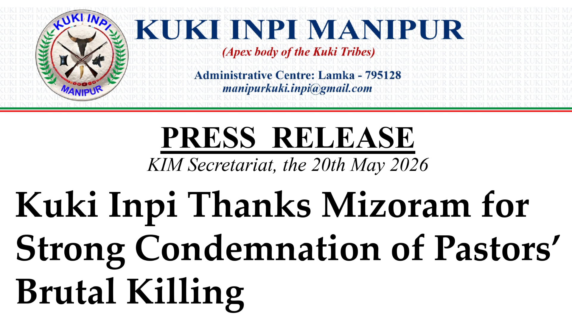 Kuki Inpi Thanks Mizoram for Strong Condemnation of Pastors’ Brutal Killing